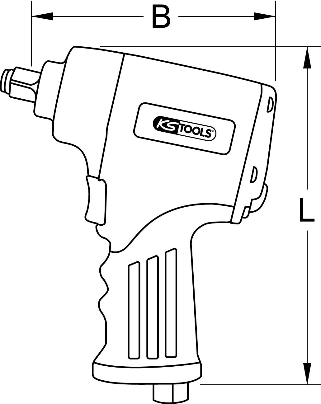 Rysunek pneumatycznego klucza udarowego firmy KS Tools z oznaczeniami wymiarów. Widoczne są oznaczenia szerokości (B) i długości (L).