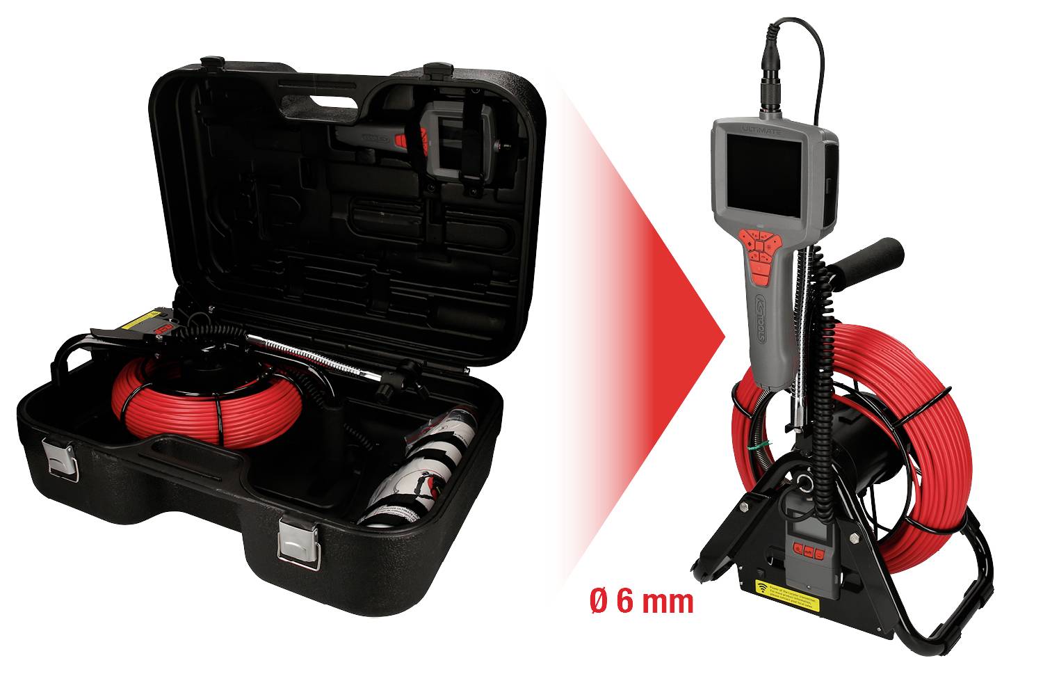 Zestaw kamery inspekcyjnej: Czarny futerał z czerwoną spiralą kamery i osobnym urządzeniem monitorującym. Idealny do wąskich przestrzeni, średnica 6 mm.
