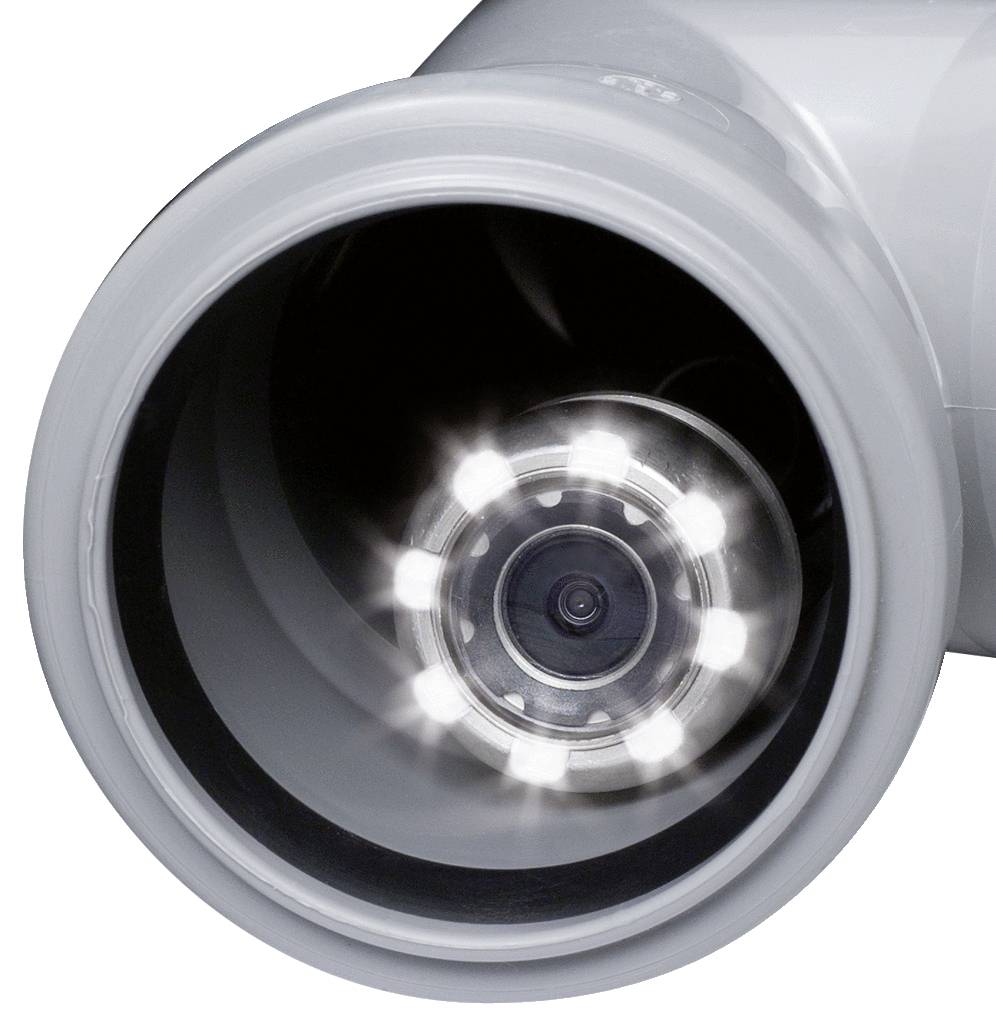 Zdjęcie przedstawia wnętrze kamery inspekcyjnej z świecącymi diodami LED ułożonymi w kole wokół centralnego obiektywu.