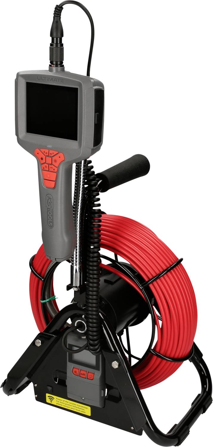 Szaro-czerwony system kamery inspekcyjnej z ekranem i długim czerwonym przewodem na statywie. Służy do sprawdzania trudno dostępnych miejsc.