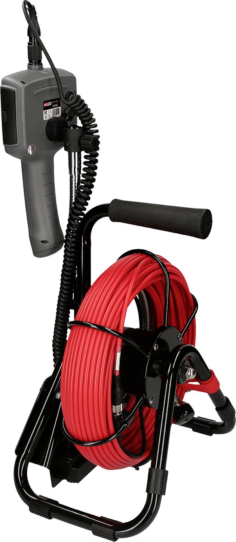 Zestaw kamery inspekcyjnej z czerwoną rolką kabla i szarym urządzeniem ręcznym na statywie. Używany do wizualnej inspekcji w trudno dostępnych miejscach.