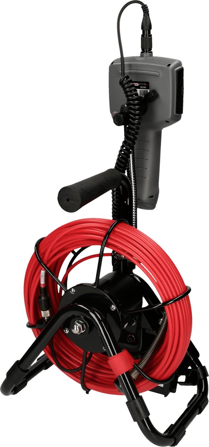 Kamera inspekcyjna z nawijaczem kabla i urządzeniem ręcznym, używana do wizualnej kontroli rur i trudno dostępnych obszarów.