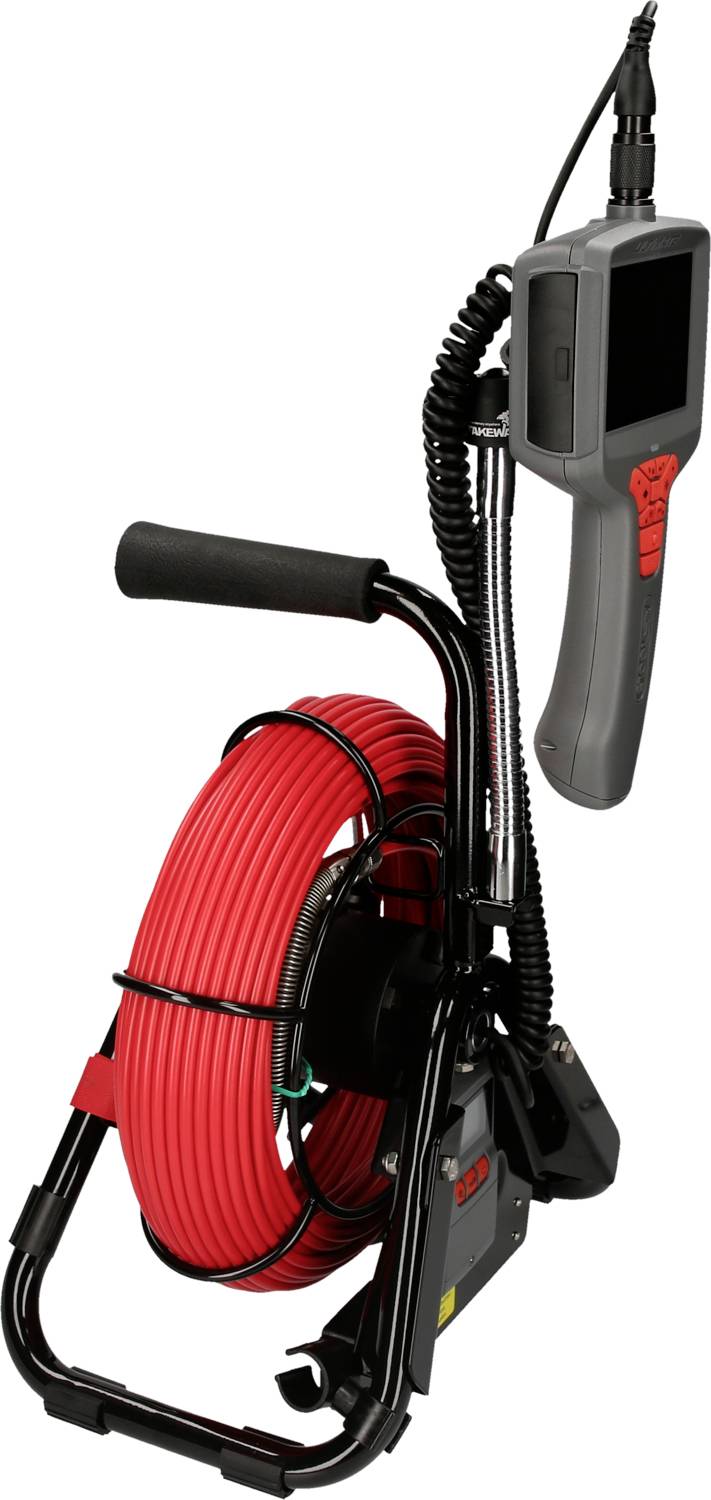 Kamera inspekcyjna kanałów z czerwonym kablem na szpuli, zamontowana na czarnym statywie. Szary monitor ręczny jest podłączony.