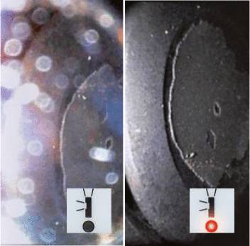 Zdjęcie makro obiektu w dwóch różnych warunkach oświetleniowych: po lewej stronie rozmyte z aureolami świetlnymi, po prawej stronie ostro oświetlone.
