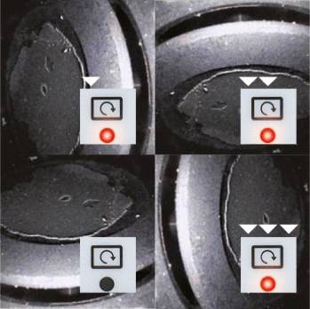 Cztery obrazy przedstawiają postęp obracającego się obiektu pod mikroskopem. Strzałki wskazują kierunek obrotu i aktywne monitorowanie.