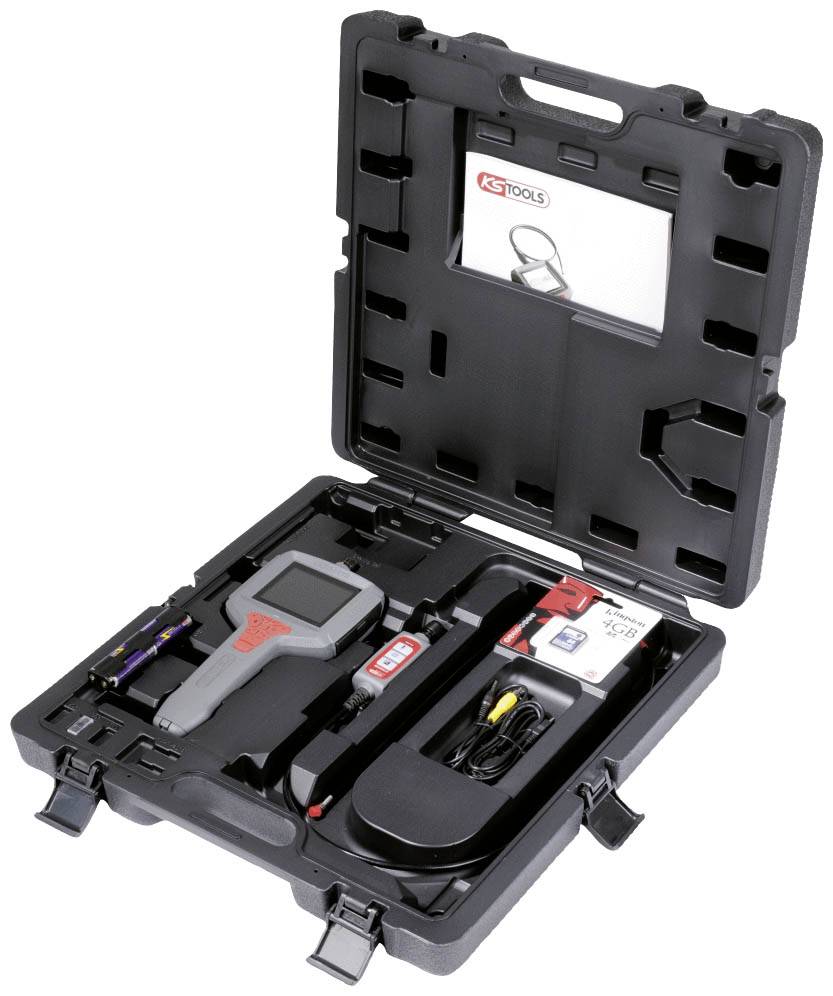 Czarny kufer narzędziowy zawiera cyfrowy endoskop, ładowarkę, kabel i instrukcję obsługi.