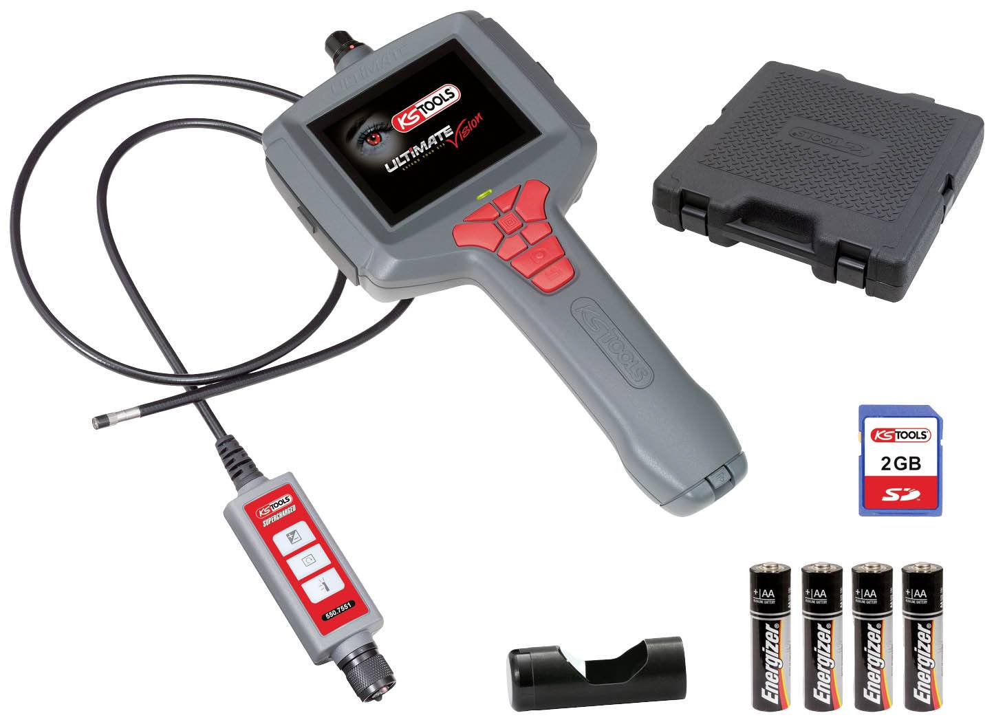 Endoskop przewodowy z monitorem i elementami sterującymi; akcesoria: baterie, karta SD; w pudełku z tworzywa sztucznego. Model: KS Tools.