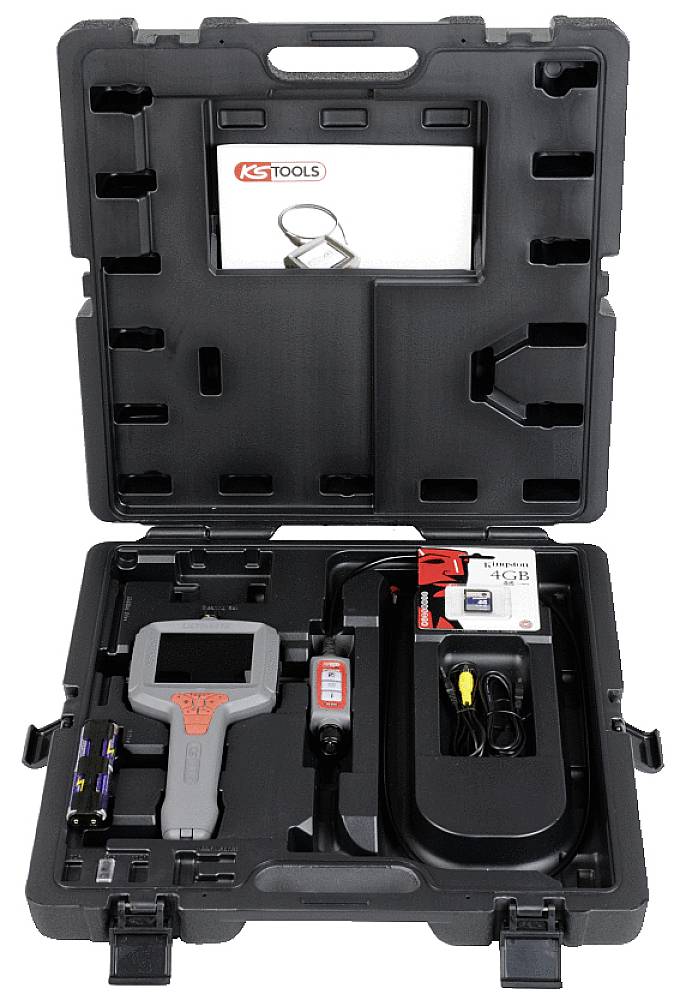 Otwarty czarny kufer z narzędziami zawierający zestaw kamery endoskopowej, w tym monitor, kable, mikrofon, pilot zdalnego sterowania i kartę SD.