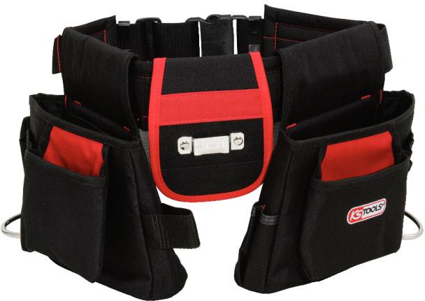 Czarny pas narzędziowy z czerwonymi akcentami i wieloma kieszeniami na narzędzia. Idealny dla rzemieślników do przechowywania akcesoriów roboczych.