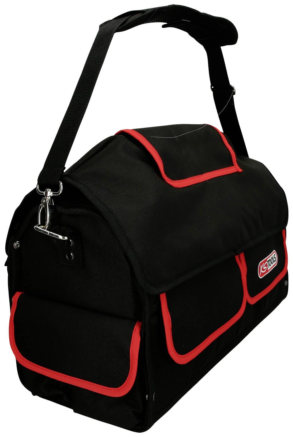 Czarna torba na narzędzia z czerwonymi szwami i wieloma kieszeniami zewnętrznymi. Szerokie paski na ramię zapewniają wygodne przenoszenie.