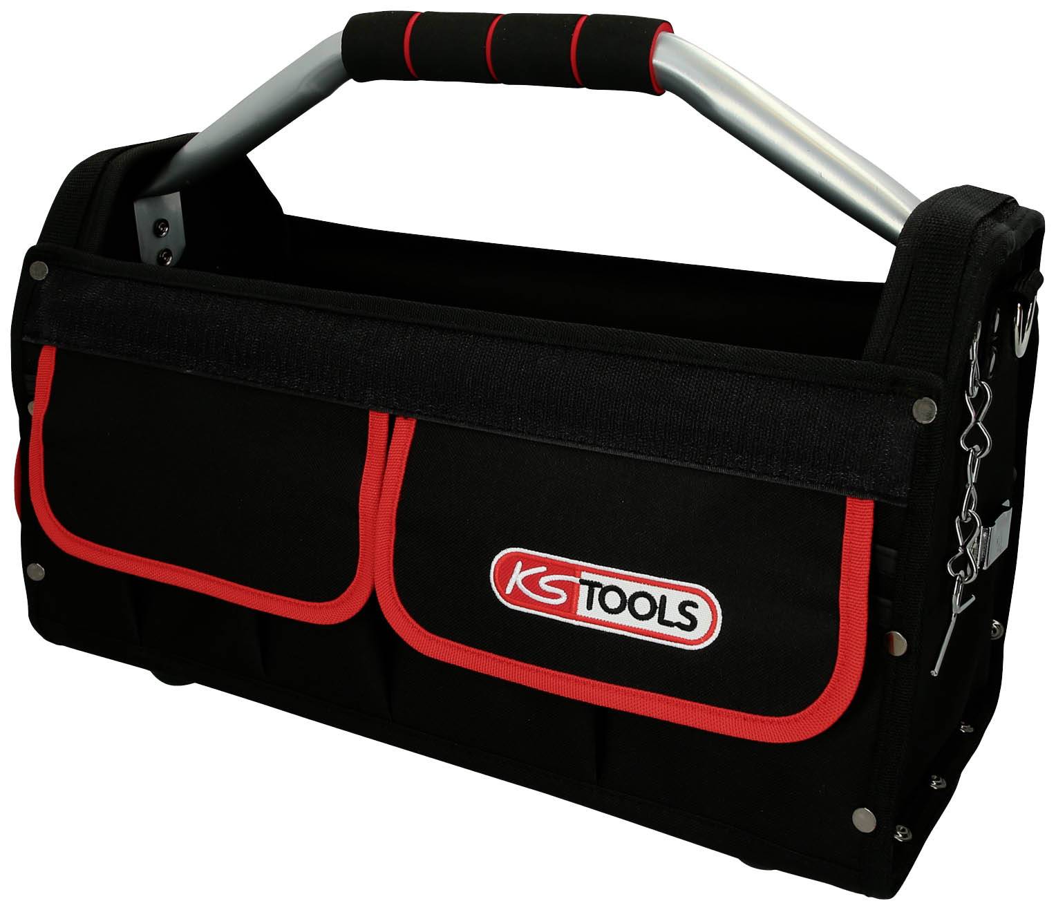 Czarny kufer narzędziowy z czerwonymi akcentami i logo 'KS Tools', z metalowym uchwytem i bocznymi kieszeniami, stojący pionowo.