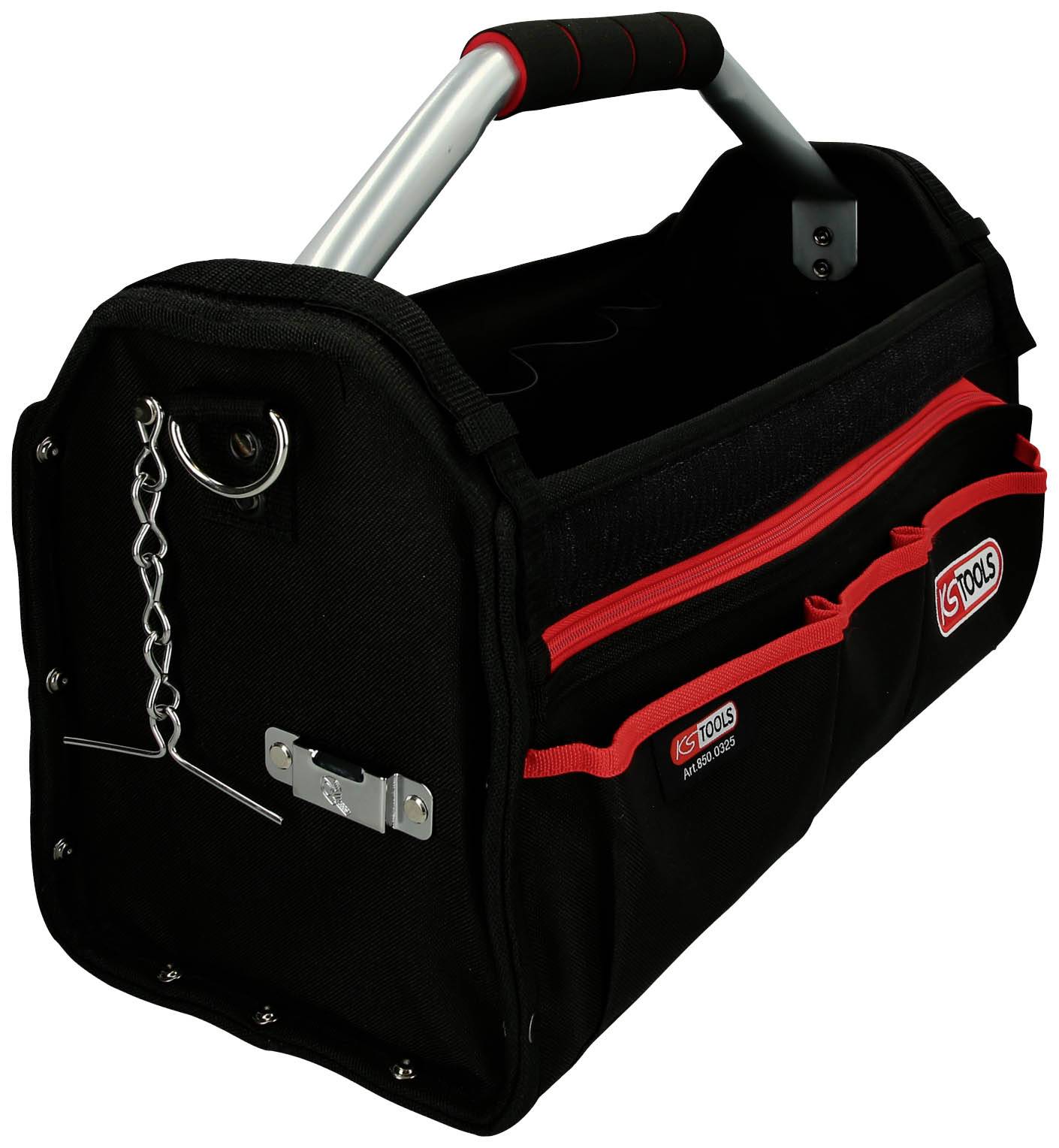 Otwarta czarna torba na narzędzia z czerwonym zamkiem błyskawicznym i czerwonym uchwytem z boku. Nie zawiera widocznych narzędzi.