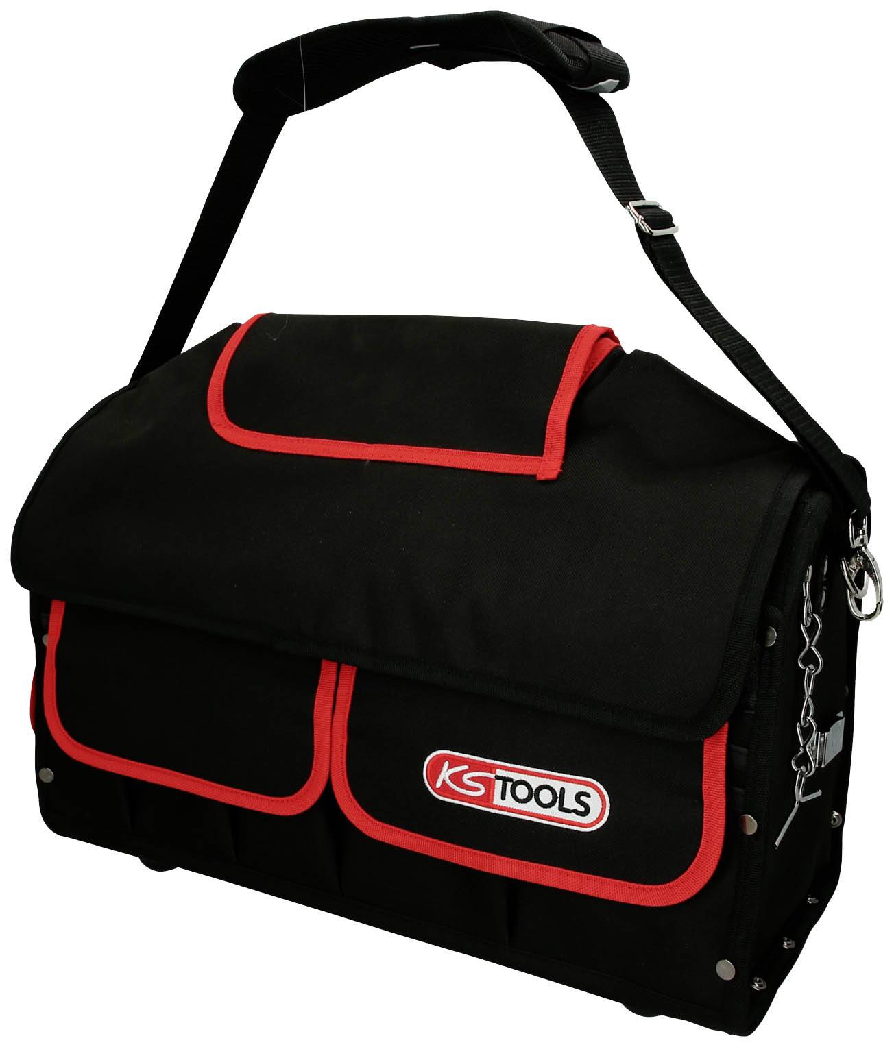 Czarna torba na narzędzia z czerwoną lamówką i logo 'KS TOOLS' na przedniej stronie. Posiada regulowany pas na ramię.