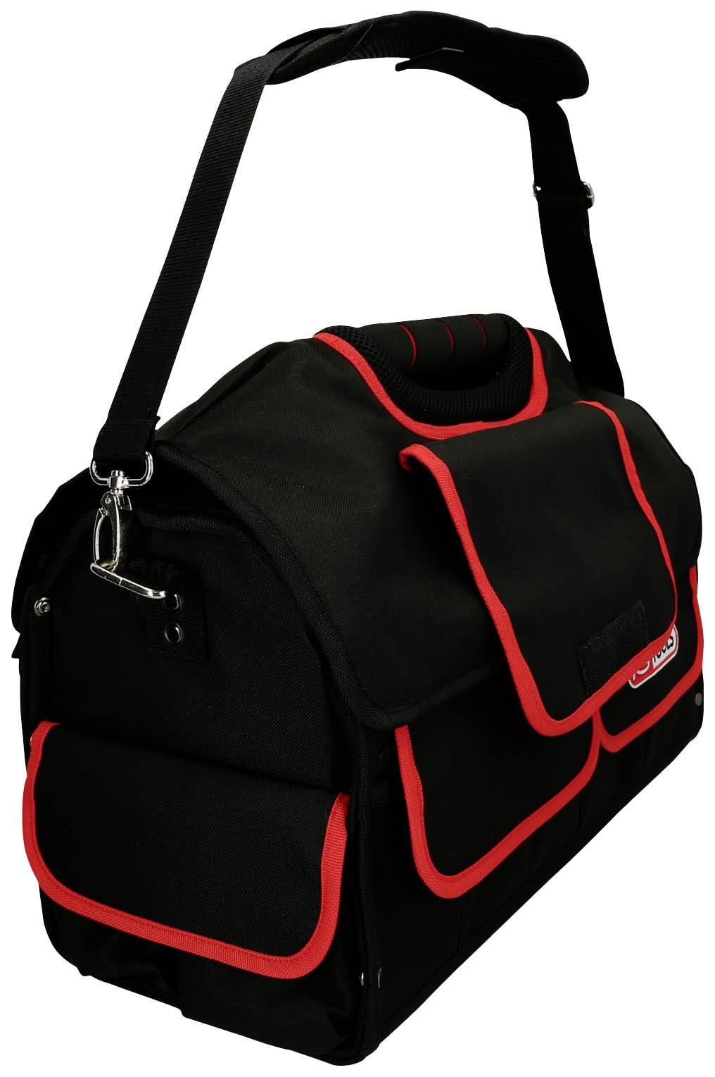 Czarna torba na ramię z czerwonymi obrzeżami i wieloma przegrodami, odpowiednia do przewożenia narzędzi lub sprzętu.