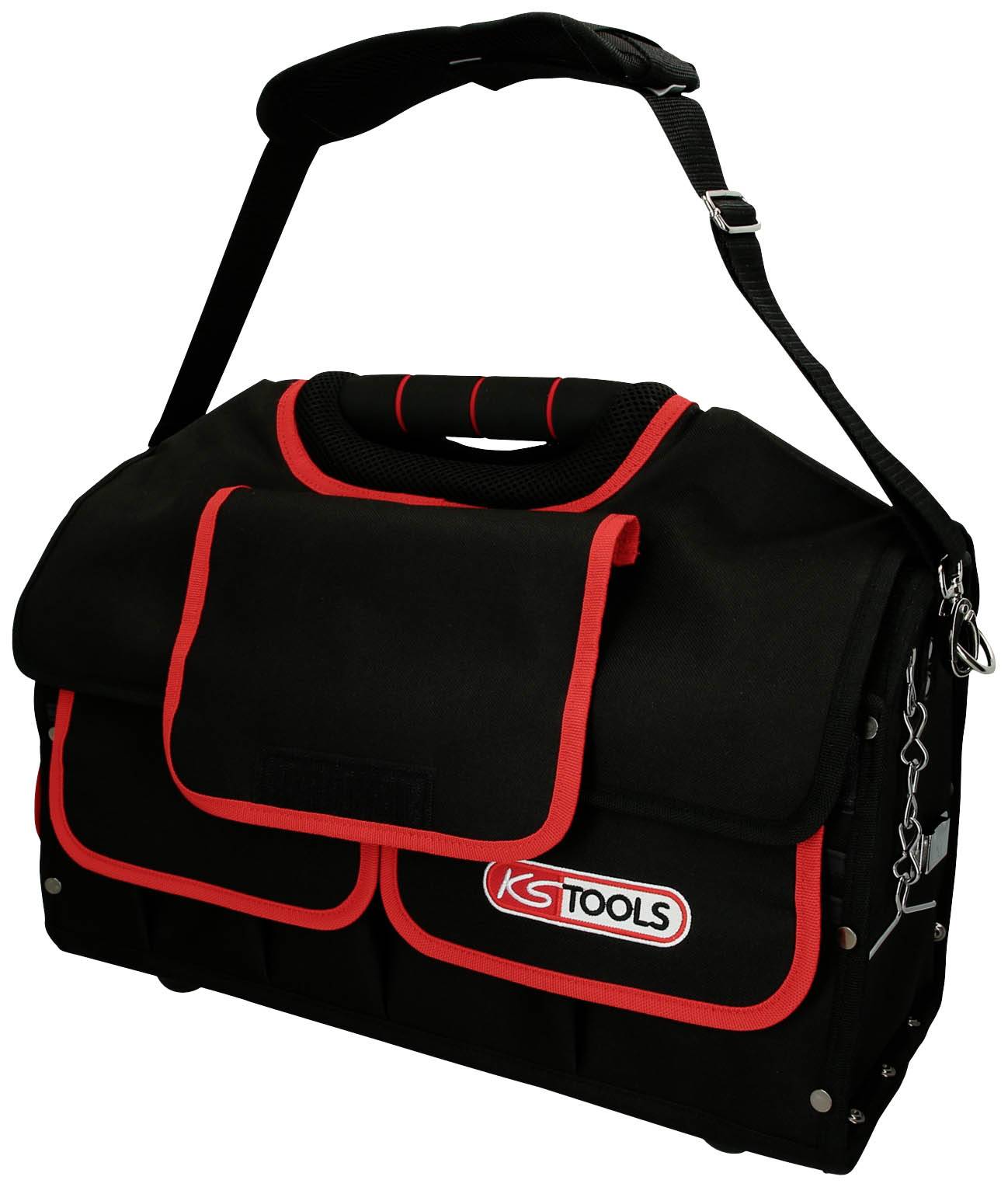 Czarna torba na narzędzia z czerwoną obwódką i logo 'KS TOOLS'. Posiada dużą klapę, uchwyt do przenoszenia oraz regulowany pas na ramię.