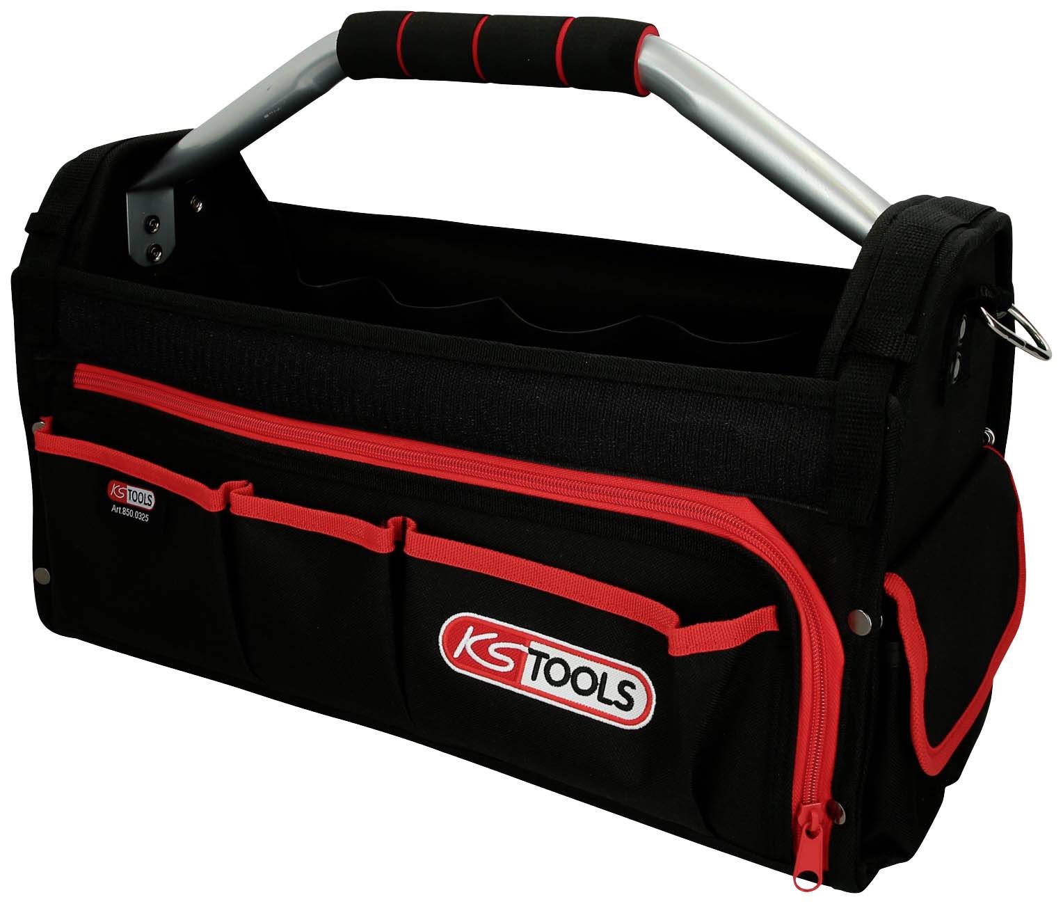 Czarna torba na narzędzia z czerwonymi zamkami błyskawicznymi i uchwytem. Na przedniej stronie widoczne jest logo 'KS TOOLS'.