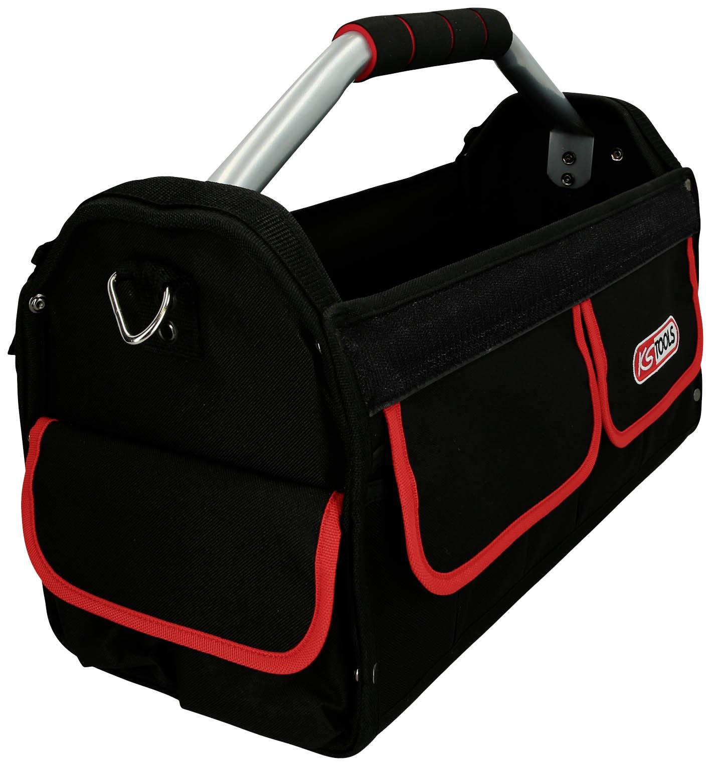 Czarna torba na narzędzia z czerwonym obramowaniem i srebrnym uchwytem, odpowiednia do przenośnego przechowywania narzędzi.