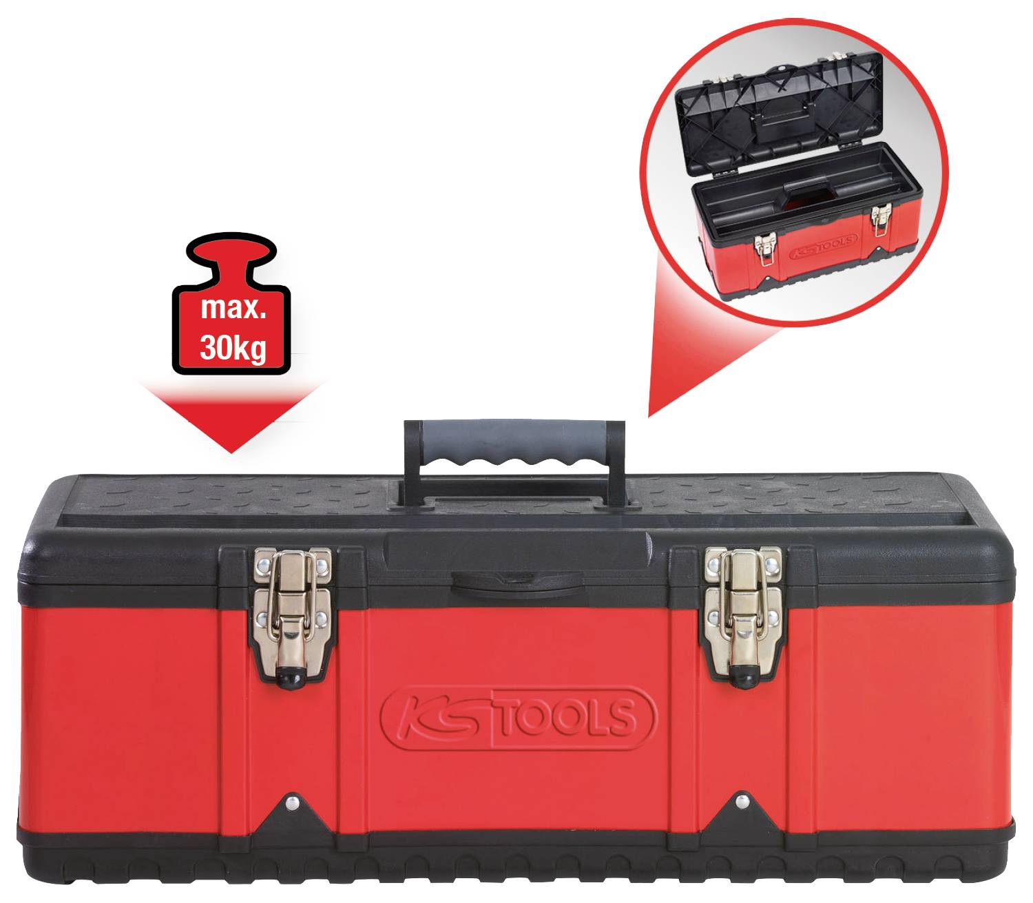 Czerwona skrzynka narzędziowa z czarną pokrywą, dwoma zamkami metalowymi i uchwytem. Maksymalne obciążenie: 30 kg. Widok otwarty w kole u góry po prawej stronie.