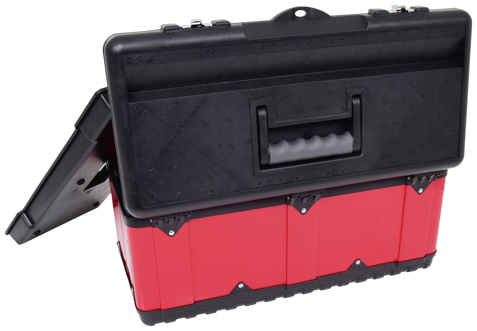 Czerwona skrzynka narzędziowa z czarną pokrywą i uchwytem, lekko otwarta.