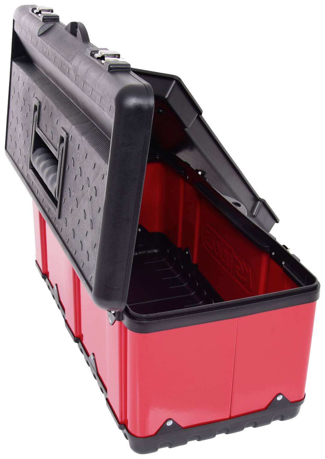 Czerwona skrzynka narzędziowa z czarną pokrywą, otwarta. Jest pusta i wykonana z tworzywa sztucznego, odpowiednia do transportu i przechowywania narzędzi.
