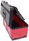 Czerwona skrzynka narzędziowa z czarną pokrywą, otwarta. Jest pusta i wykonana z tworzywa sztucznego, odpowiednia do transportu i przechowywania narzędzi.