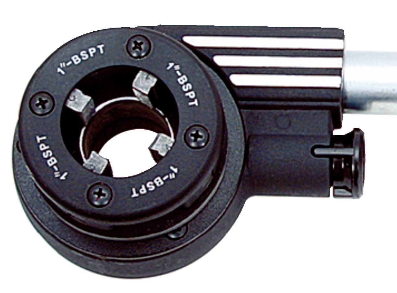 Czarne narzędzie skrawające do cięcia rur z napisem '1"-BSPT'. Posiada cztery zęby tnące i jest przeznaczone do cięcia rur.