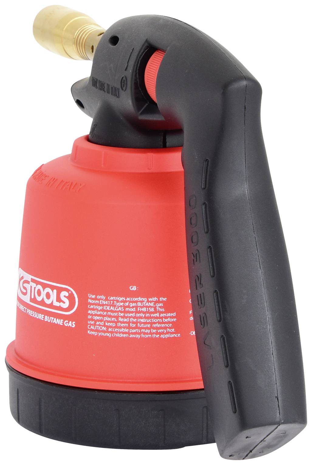 Czerwony ręczny palnik gazowy z czarną rączką i mosiężną dyszą, przystosowany do gazu butanowego; nazwa marki nieczytelna.
