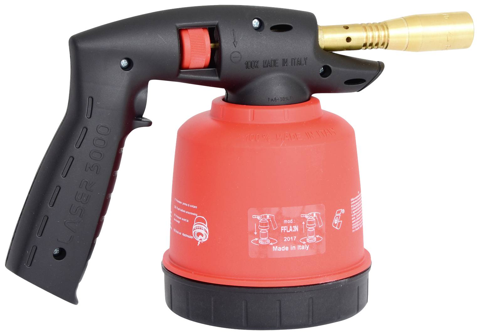 Czerwony palnik do flambirowania z czarną rączką i złotą dyszą, wyprodukowany we Włoszech, odpowiedni do karmelizacji i podpiekania potraw.