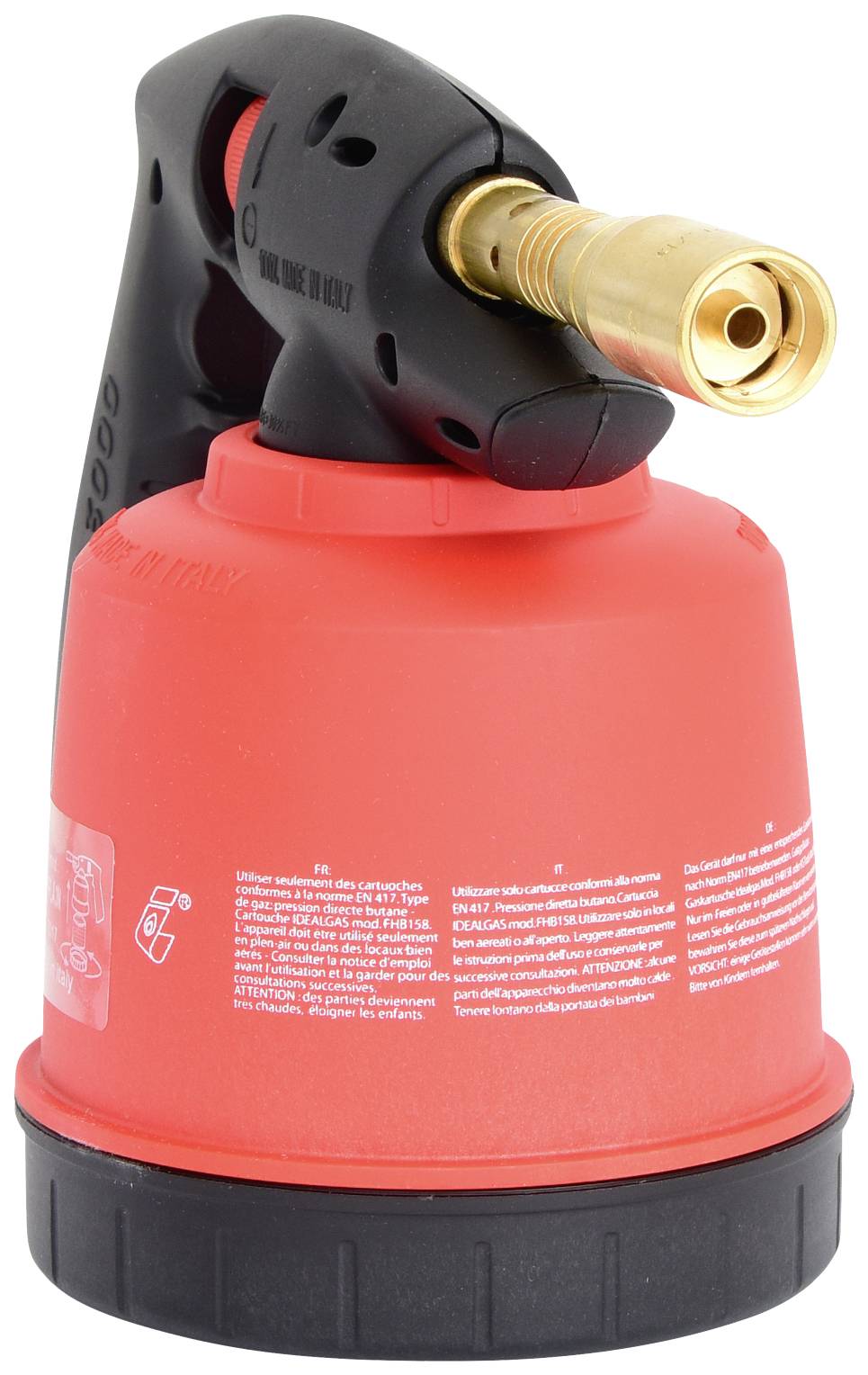 Czerwony palnik gazowy z czarną rączką i mosiężnym dysznikiem, odpowiedni do prac rzemieślniczych.
