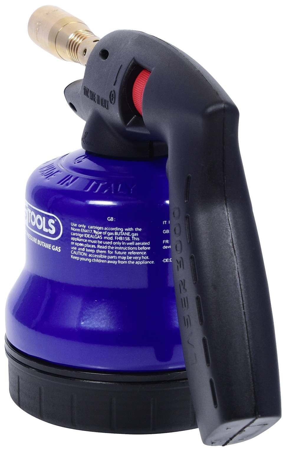 Niebieski palnik gazowy na butan z ergonomicznym uchwytem, odpowiedni do zastosowań majsterkowania lub przemysłowych.