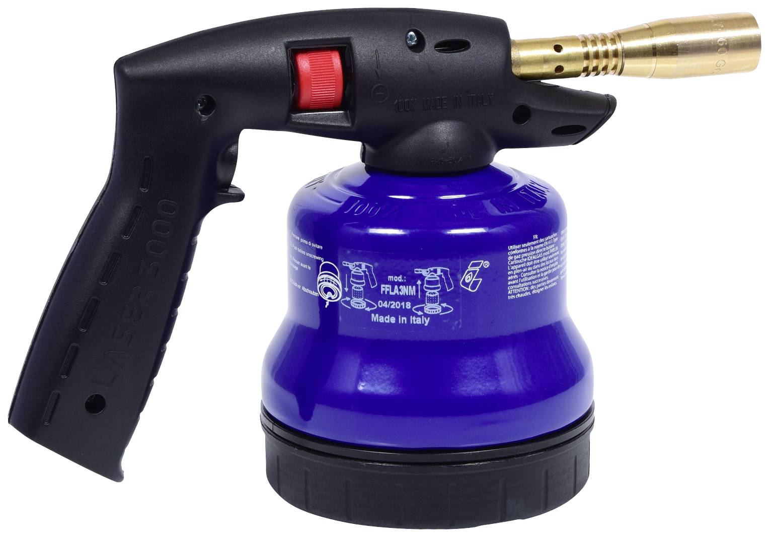 Niebieski kuchenka gazowa z czarną rączką i czerwonym przyciskiem, idealna na kemping lub do gotowania na wolnym powietrzu.