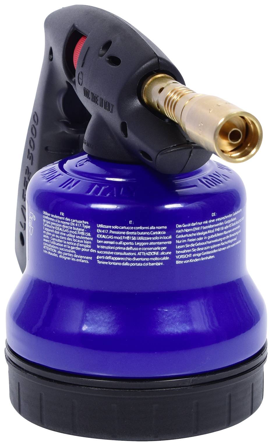 Niebieski palnik gazowy z czarną rękojeścią i złotą dyszą. Używany do lutowania lub podgrzewania materiałów.