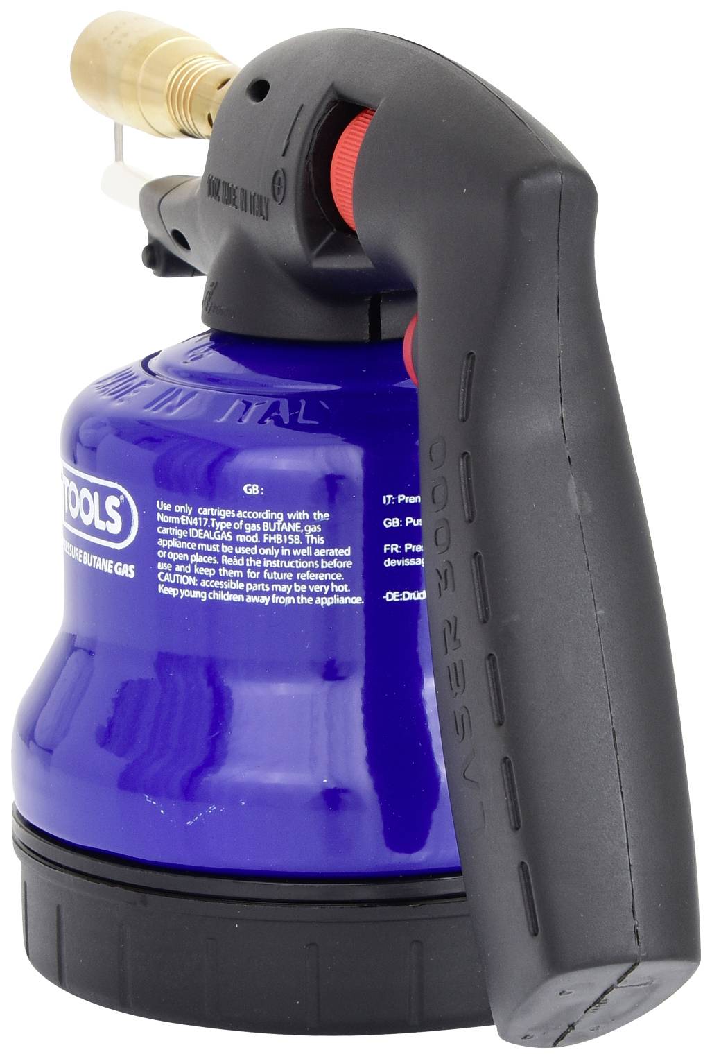 Niebieski palnik ręczny z czarną rękojeścią i mosiężną dyszą na górze, odpowiedni do lutowania lub innych prac rzemieślniczych.