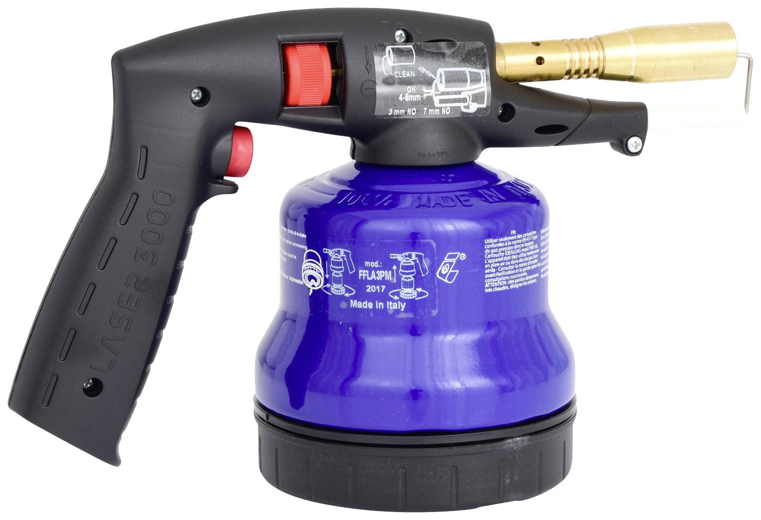 Niebieski palnik gazowy na butan z czarną rączką i czerwonym przyciskiem, odpowiedni do zastosowań rzemieślniczych.