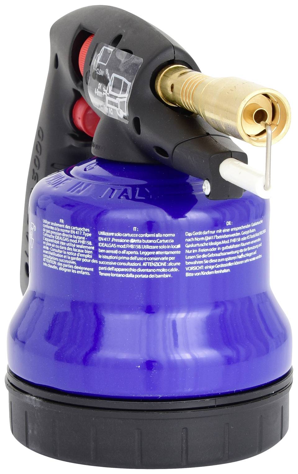 Niebieski palnik gazowy z czarną rękojeścią i czerwonym przełącznikiem, używany do lutowania lub podgrzewania, stoi pionowo na białej powierzchni.
