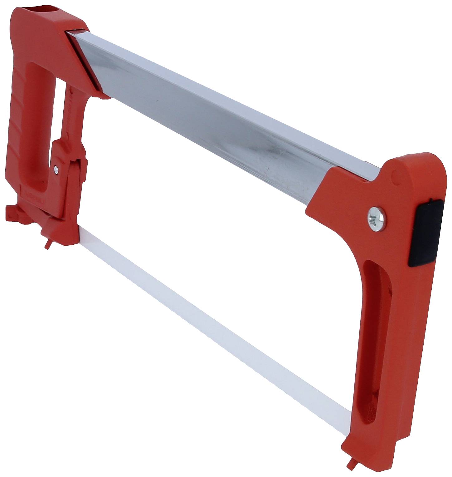 Piła metalowa z czerwonym uchwytem i srebrną ramą, odpowiednia do cięcia metalu.