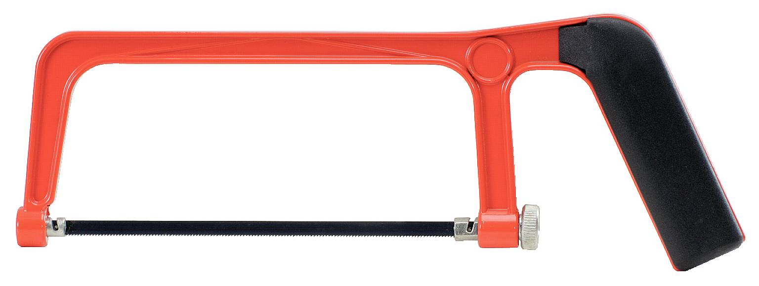 Czerwona piła metalowa z czarną rączką, ułożona poziomo.