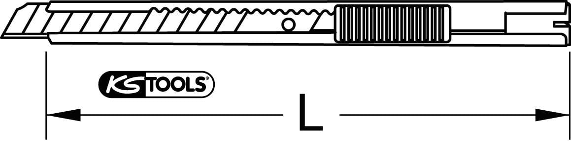 Ilustracja noża do cięcia z logo 'KS TOOLS' i strzałką wskazującą długość 'L' narzędzia.