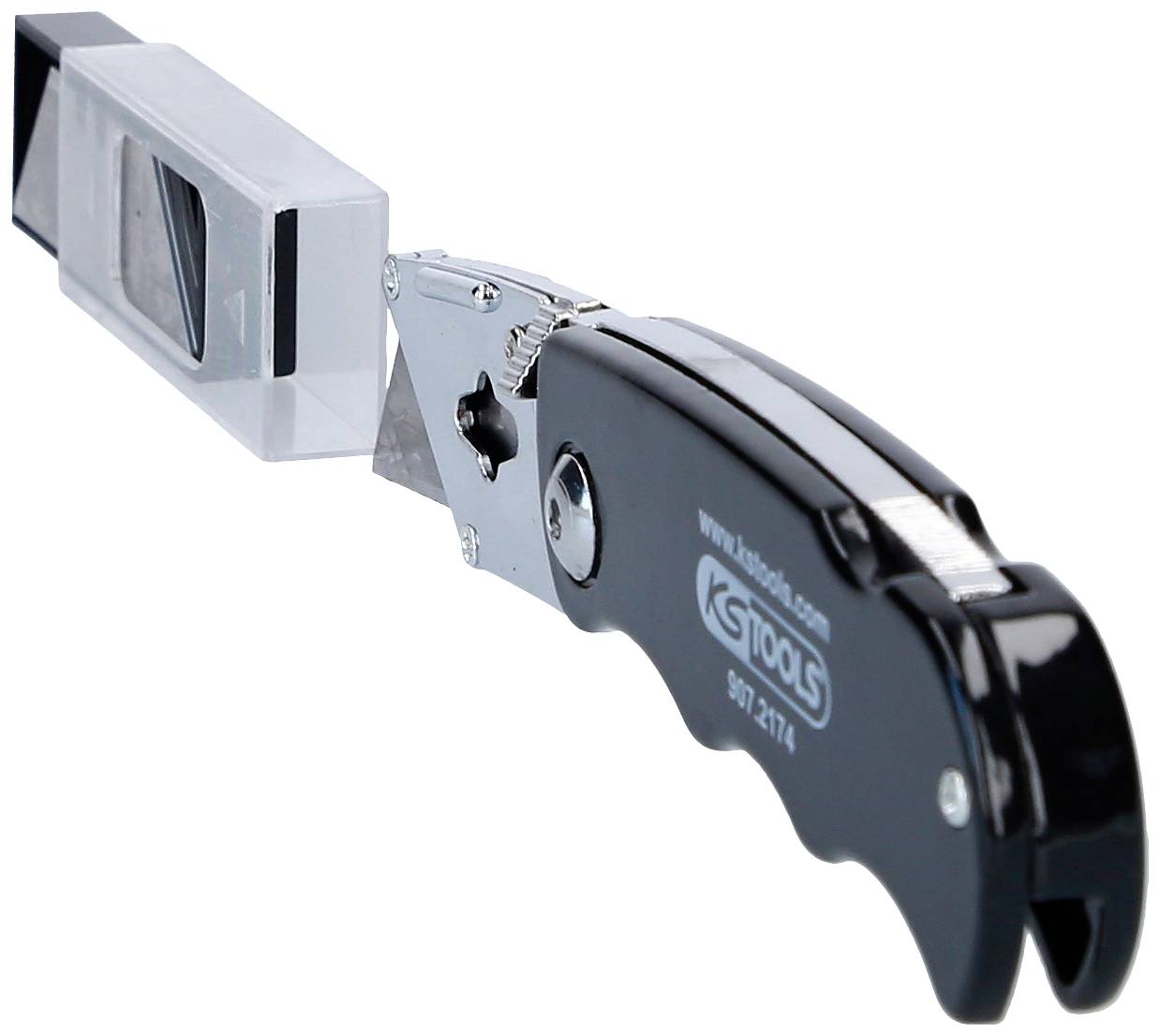 Czarny nóż z chowanym ostrzem zabezpieczonym w przezroczystej obudowie ochronnej.