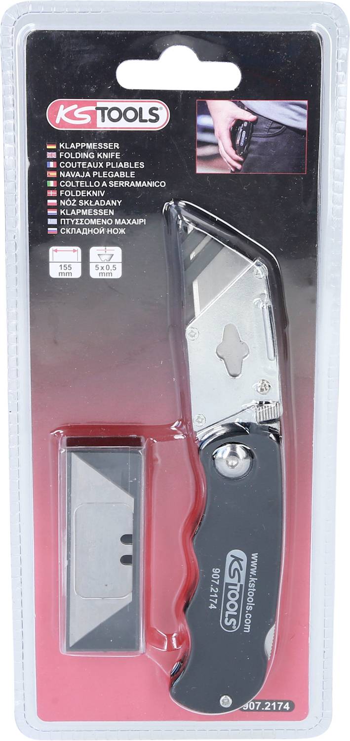 Opakowanie składanego noża marki KS Tools z wymiennymi ostrzami. Zdjęcie przedstawia nóż w pozycji zamkniętej.
