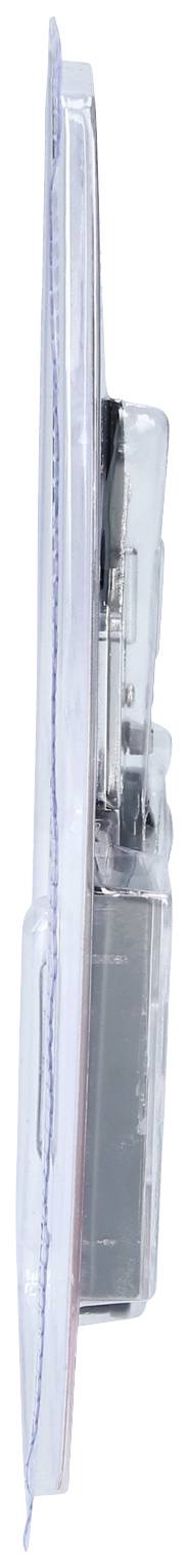 Wąskie, przezroczyste opakowanie widziane z boku. Zawiera spinacze metalowe lub podobny produkt.