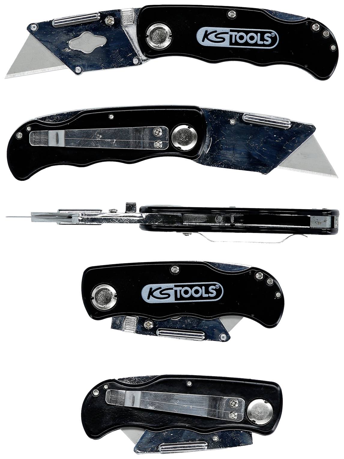 Składany nóż uniwersalny pokazany w czterech pozycjach. Czarny uchwyt, srebrne ostrze, z logo 'KS TOOLS' na rękojeści.