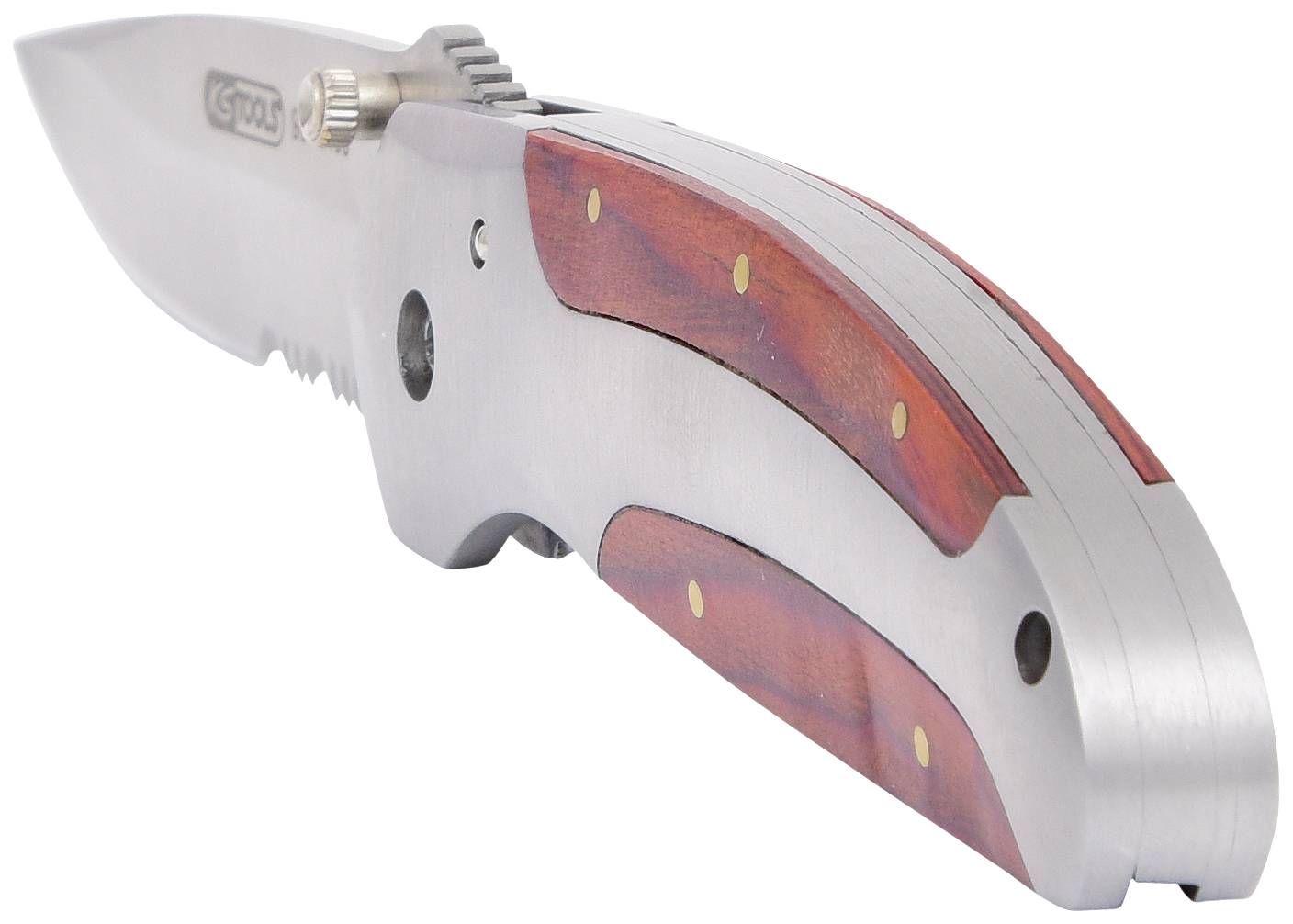 Scyzoryk z metalowym ostrzem i drewnianym uchwytem z nitami, lekko rozłożony, widziany z boku.