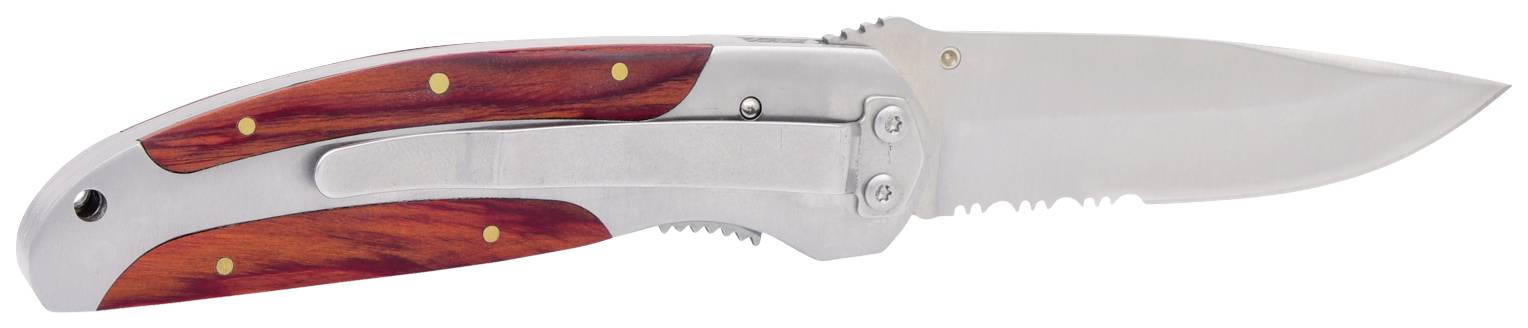 Składany nóż z lśniącą głownią oraz rękojeścią wykonaną z drewna w kolorze rdzennobrązowym z metalowymi akcentami.