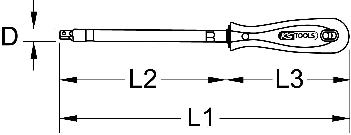 Rysunek wkrętaka z przedłużką. Oznaczony wymiarami 'D', 'L1', 'L2', 'L3', typ narzędzia 'KS Tools'.