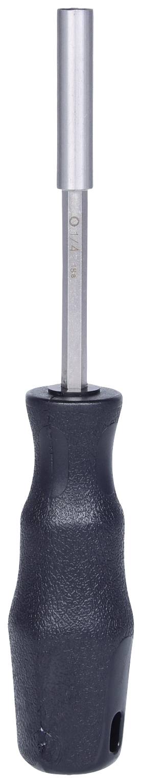 Wkrętak z czarnym, strukturowanym uchwytem i długim, metalowym trzpieniem.