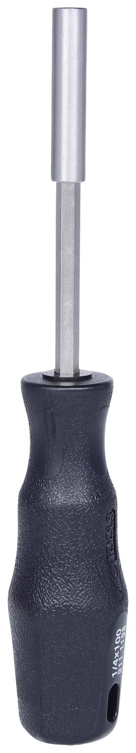 Wkrętak z czarną rękojeścią i prostym, srebrnym ostrzem.