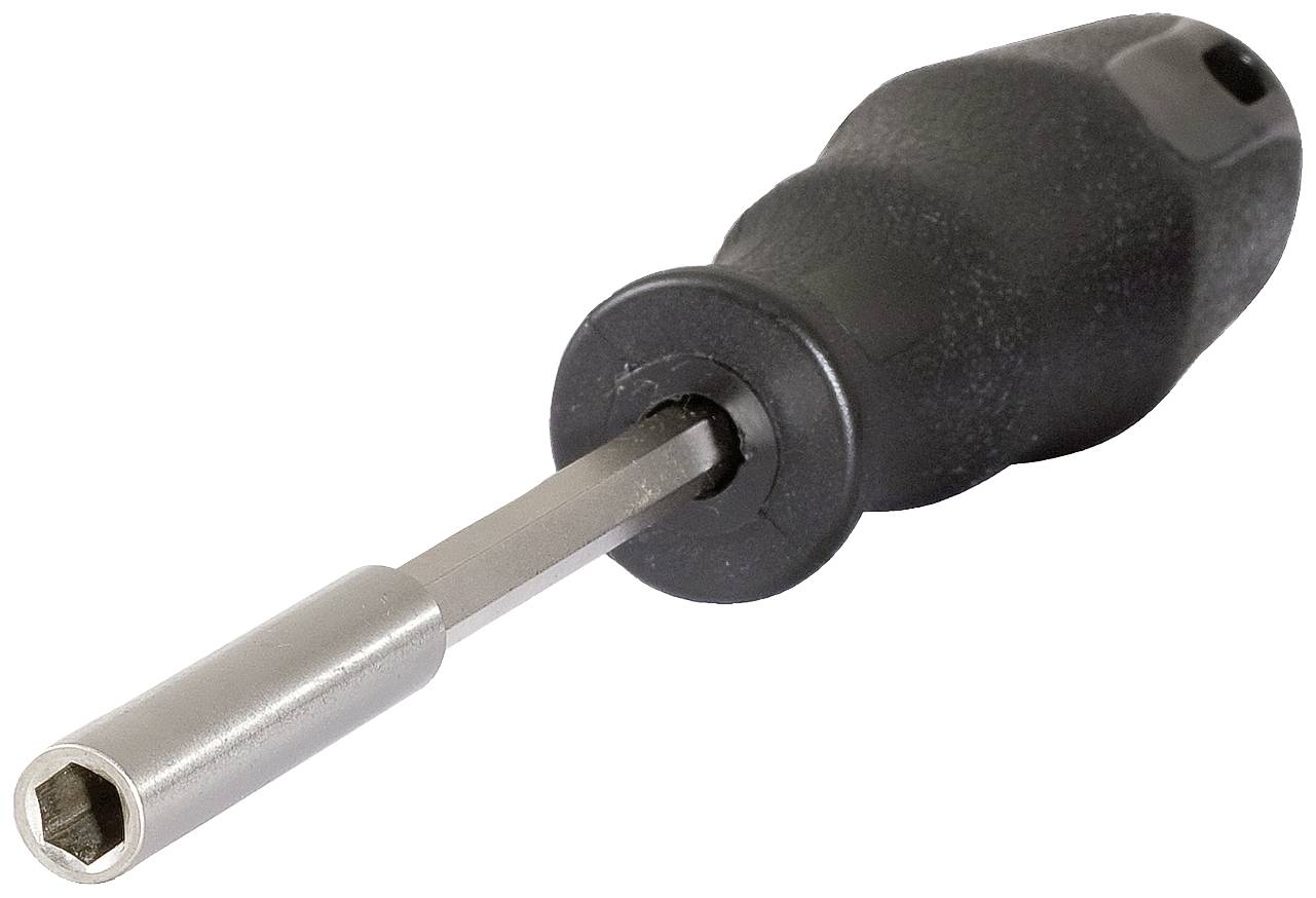 Sześciokątny wkrętak z czarną rękojeścią, odpowiedni do różnych prac śrubowych.