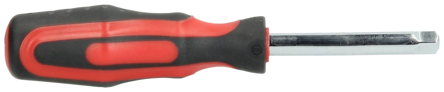 Czerwony śrubokręt z czarną rękojeścią.
