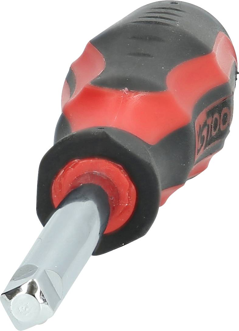 Wkrętak krzyżowy z ergonomicznym uchwytem, częściowo oznaczony czarnym i czerwonym kolorem, na białym tle.